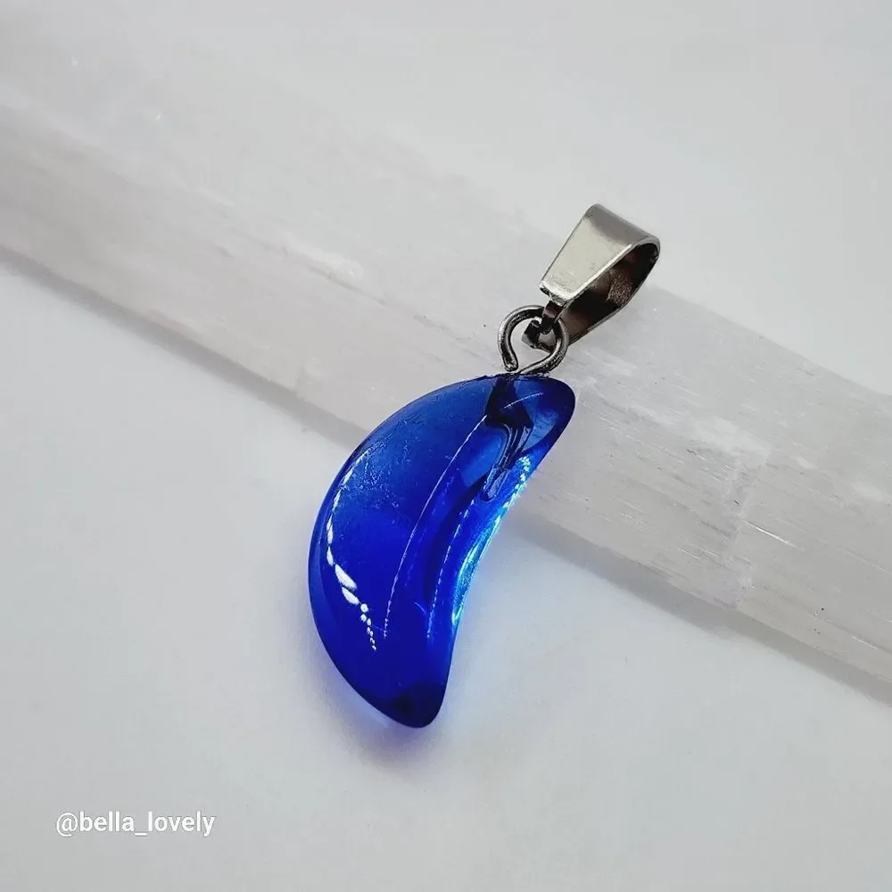 Petite Blue Moon Crescent Moon Shaped Pendant with Silver Toned Bail